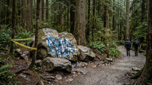 Memorial rocks with graffiti at Golden Ears Provincial Park in British Columbia