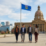 Alberta Legislature Building with Canadian and Alberta flags illustrating the 2026 referendum on immigration, public services and provincial powers.