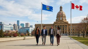 Alberta Legislature Building with Canadian and Alberta flags illustrating the 2026 referendum on immigration, public services and provincial powers.