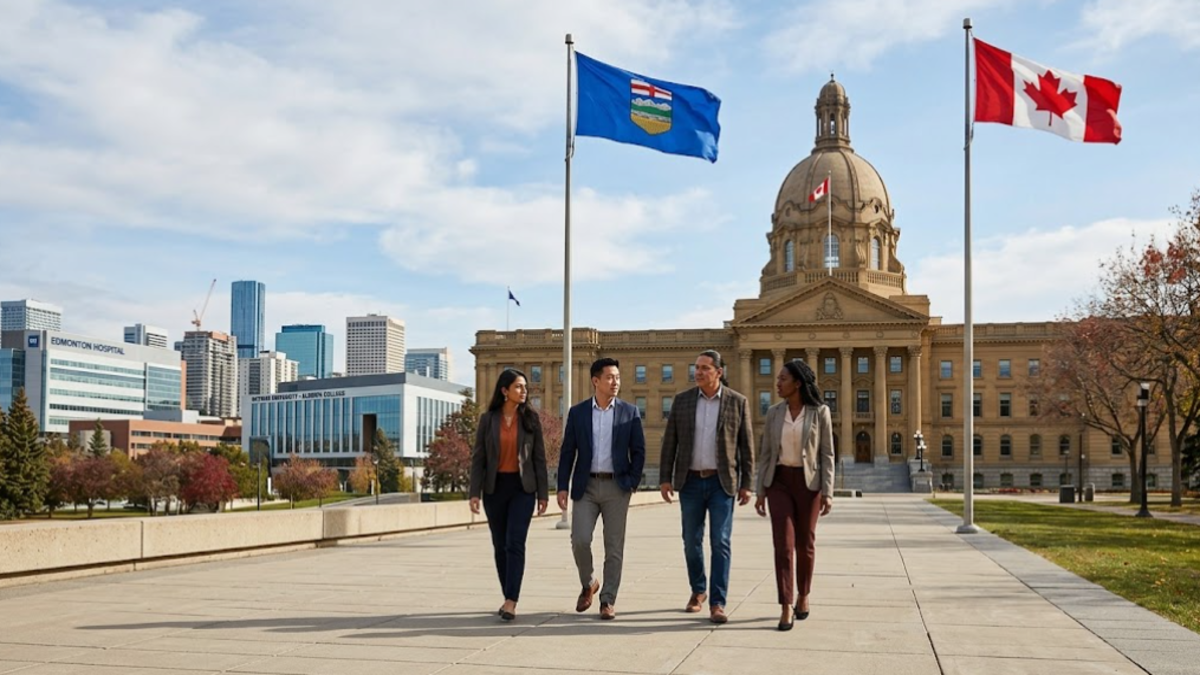 Alberta Legislature Building with Canadian and Alberta flags illustrating the 2026 referendum on immigration, public services and provincial powers.