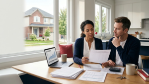 Canadian homeowners reviewing mortgage documents and household finances following a Bank of Canada interest rate decision.
