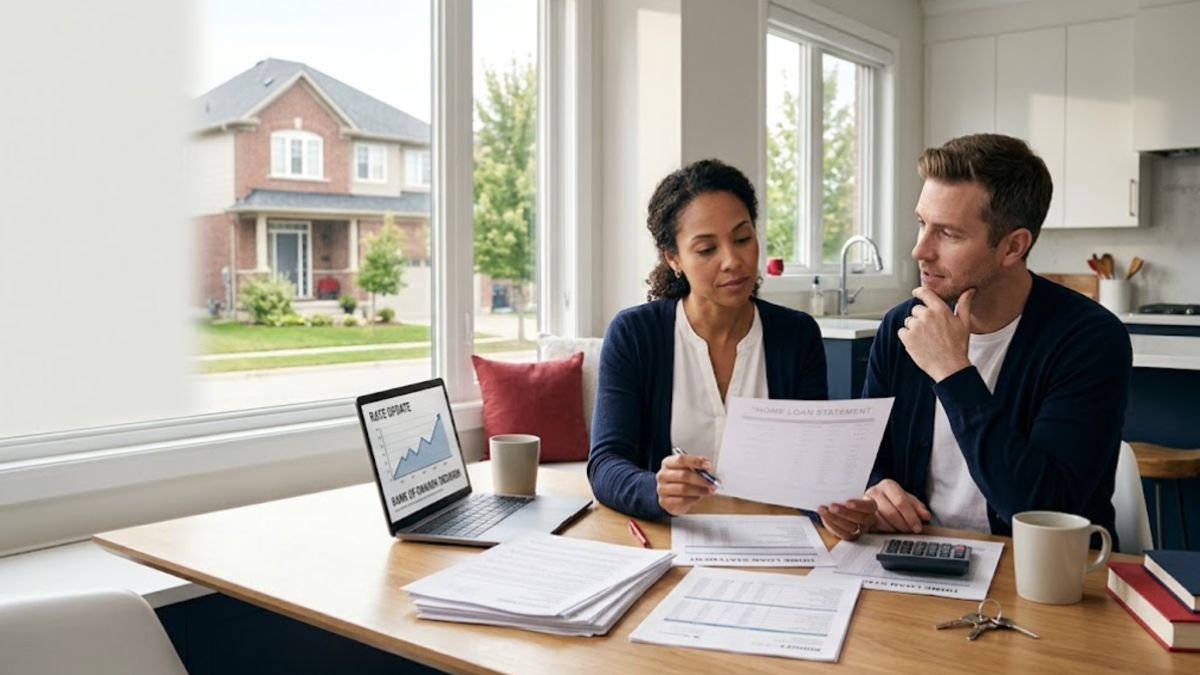 Canadian homeowners reviewing mortgage documents and household finances following a Bank of Canada interest rate decision.