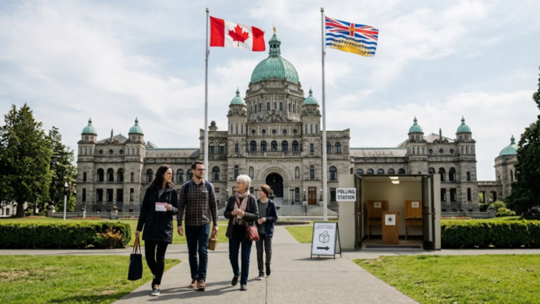 British Columbia Legislative Assembly building in Victoria, Canada, with Canadian and British Columbia flags, illustrating the provincial election results.