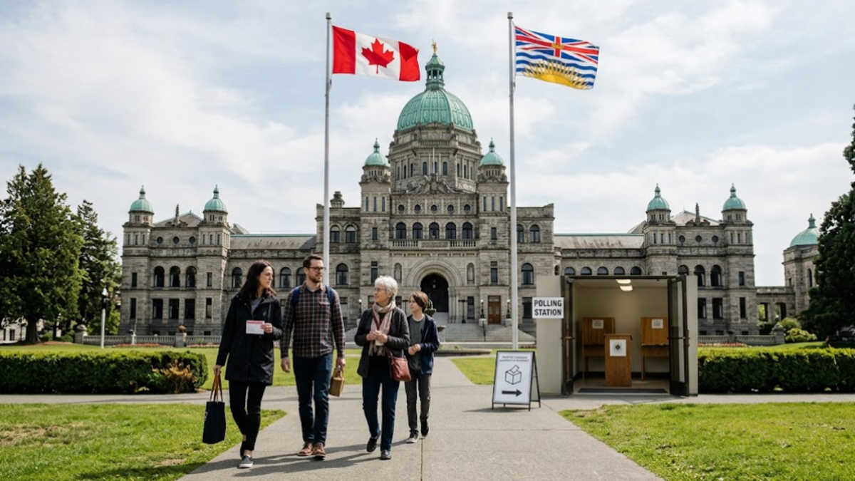 British Columbia Legislative Assembly building in Victoria, Canada, with Canadian and British Columbia flags, illustrating the provincial election results.