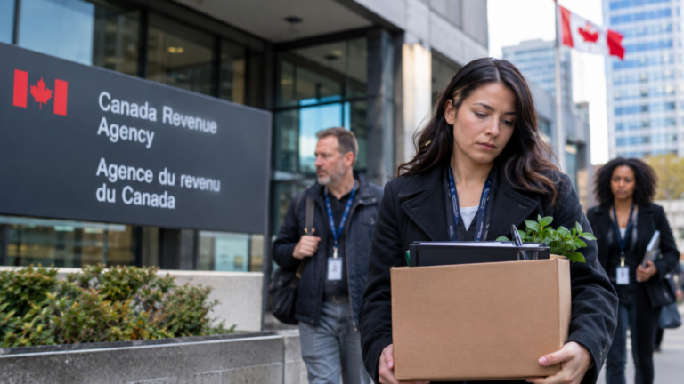 Canada Revenue Agency employee carrying a box of personal belongings outside a CRA office amid 2026 workforce cuts.