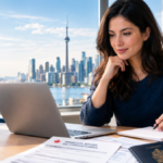 Woman reviewing Canadian Express Entry immigration documents at a desk with a laptop and Canadian flag in the background.