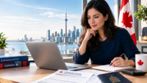 Woman reviewing Canadian Express Entry immigration documents at a desk with a laptop and Canadian flag in the background.
