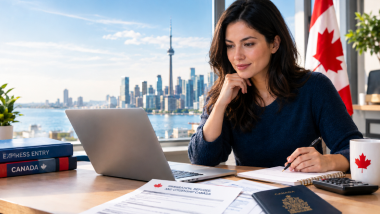 Woman reviewing Canadian Express Entry immigration documents at a desk with a laptop and Canadian flag in the background.