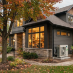 Modern Canadian home with an outdoor heat pump for energy-efficient heating
