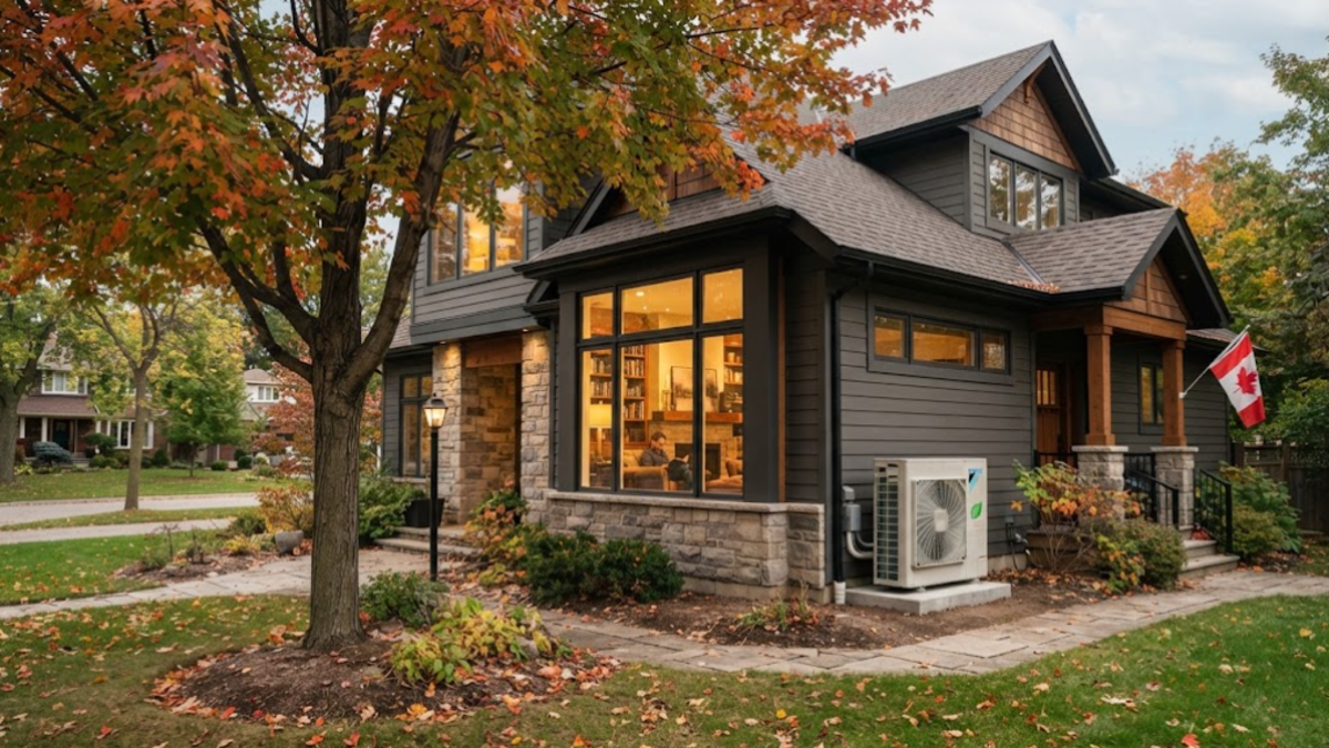 Modern Canadian home with an outdoor heat pump for energy-efficient heating