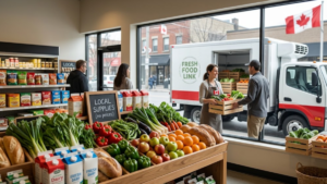Canadian grocery store with fresh produce illustrating the Food-Link Fund and efforts to improve grocery affordability.