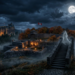 Cinematic twilight scene combining historic Canadian landmarks including the Fairmont Banff Springs Hotel, stone fortifications, and a misty battlefield with glowing lanterns, a ghostly bride on a stone staircase, and a full moon.
