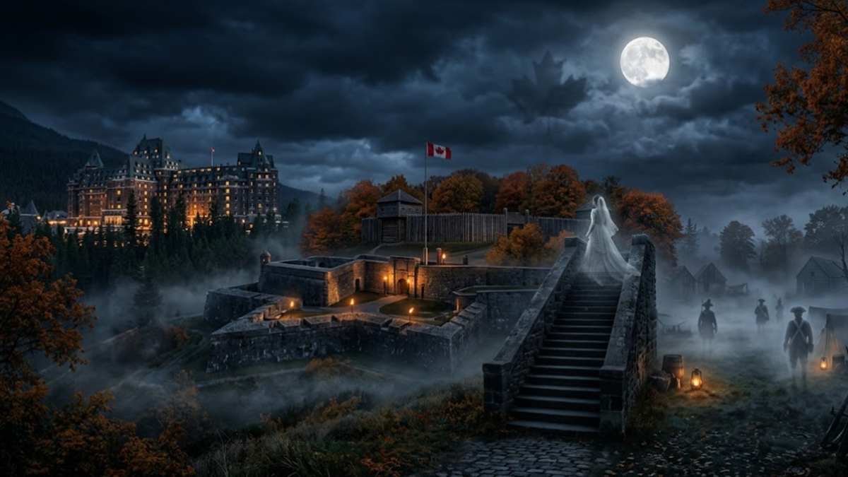 Cinematic twilight scene combining historic Canadian landmarks including the Fairmont Banff Springs Hotel, stone fortifications, and a misty battlefield with glowing lanterns, a ghostly bride on a stone staircase, and a full moon.