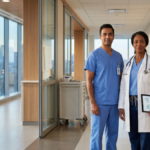 Healthcare professionals in a modern Canadian hospital representing healthcare jobs and career opportunities in Canada.