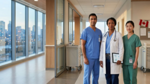 Healthcare professionals in a modern Canadian hospital representing healthcare jobs and career opportunities in Canada.