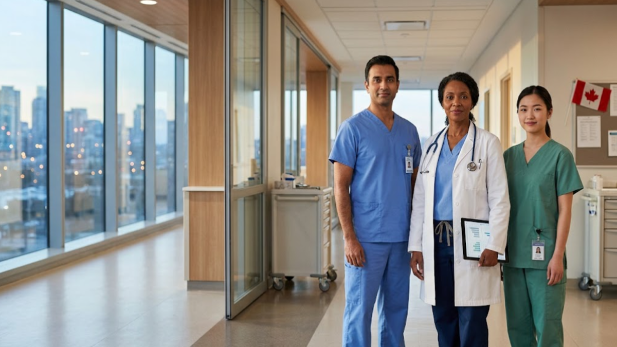Healthcare professionals in a modern Canadian hospital representing healthcare jobs and career opportunities in Canada.