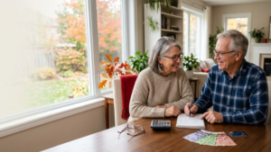 Canadian senior couple reviewing retirement finances at home for an article about October 2026 Old Age Security payments.