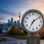 A large clock and Canadian city skyline illustrate permanent daylight saving time and the November 1 clock change.