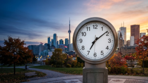 A large clock and Canadian city skyline illustrate permanent daylight saving time and the November 1 clock change.