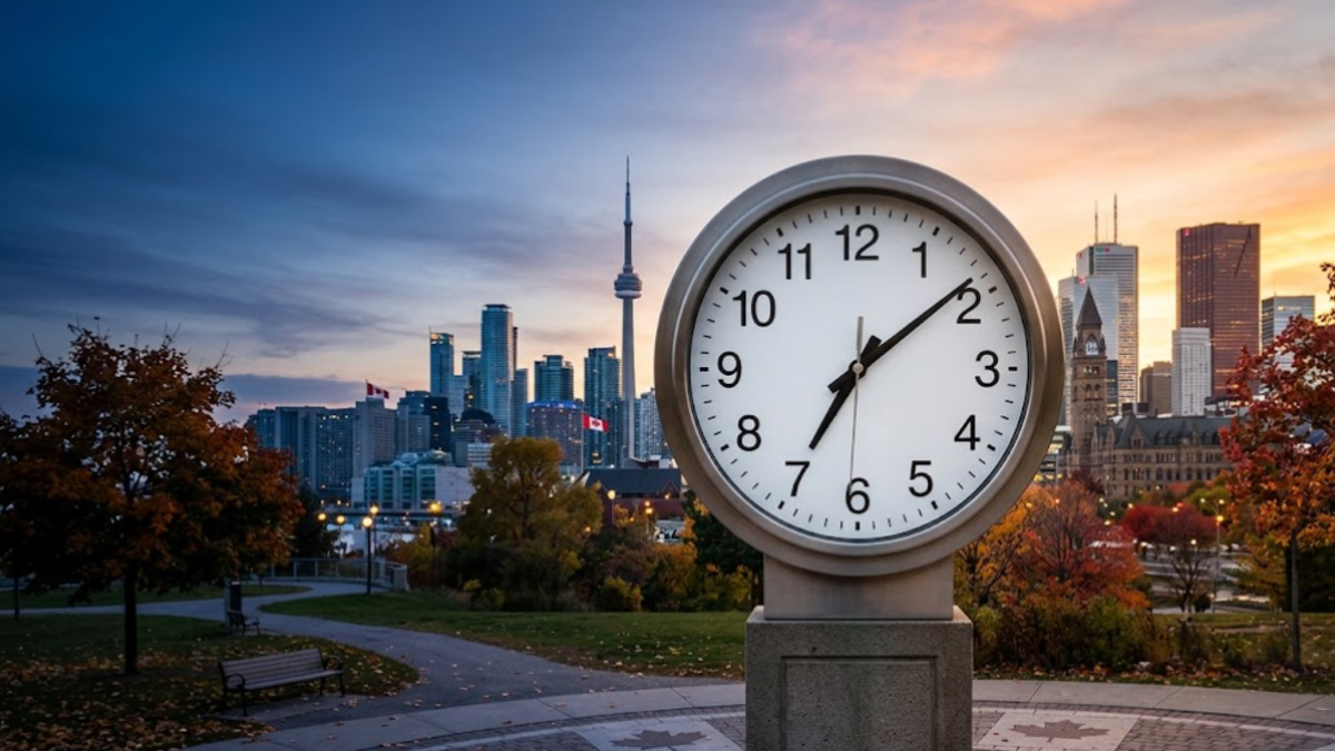 A large clock and Canadian city skyline illustrate permanent daylight saving time and the November 1 clock change.