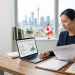Skilled worker reviewing Canadian Express Entry immigration documents and CRS points with the Toronto skyline and Canadian flag in the background.
