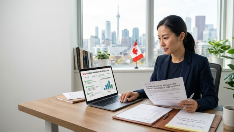 Skilled worker reviewing Canadian Express Entry immigration documents and CRS points with the Toronto skyline and Canadian flag in the background.