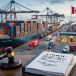 US and Canadian flags at a border crossing with freight trucks representing the Section 338 tariff lawsuit and US tariffs on Canadian goods.