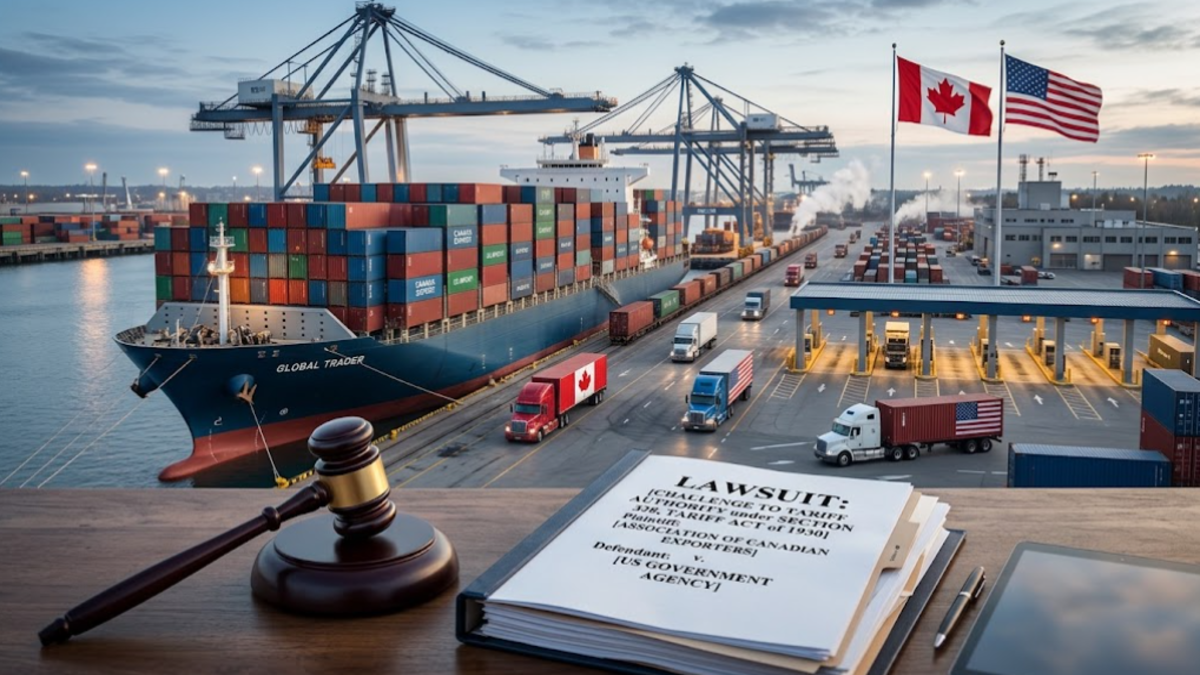 US and Canadian flags at a border crossing with freight trucks representing the Section 338 tariff lawsuit and US tariffs on Canadian goods.