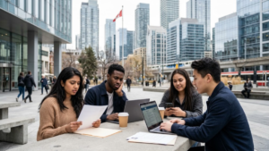 Young Canadian adults searching for jobs online amid rising youth unemployment.